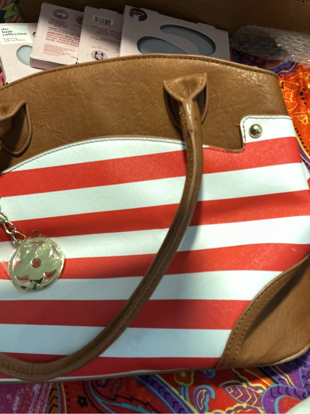 Striped Red & White Tote with Brown Trim